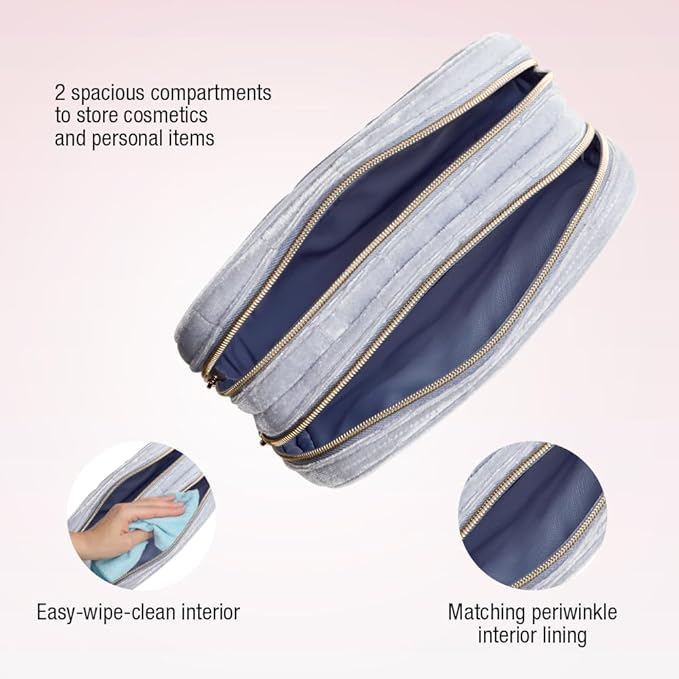 Conair Travel Double Zip Organizer - Toiletry Bag - Makeup Bag - Travel Makeup Bag - Makeup Organizer - Gifts for women - Blue Velvet