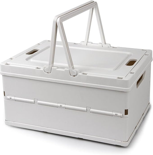 Collapsible Storage Crate, Foldable Plastic Basket with Lid and Handle, Foldable Storage Box Crate Bin for Home Kitchen Office Bathroom Bedroom Pantry (White)