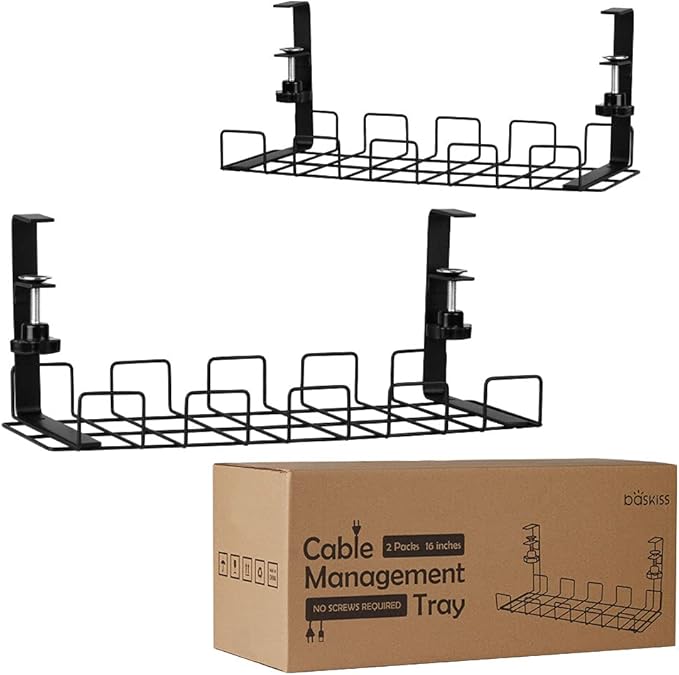 Baskiss Under Desk Cable Management Trays 2 Pack, 16" Clamp Mounted Cord Organizer Holder Wire Organization No Drill Holes Needed for Computer Home Office Standing Tables to Conceal Power Strips