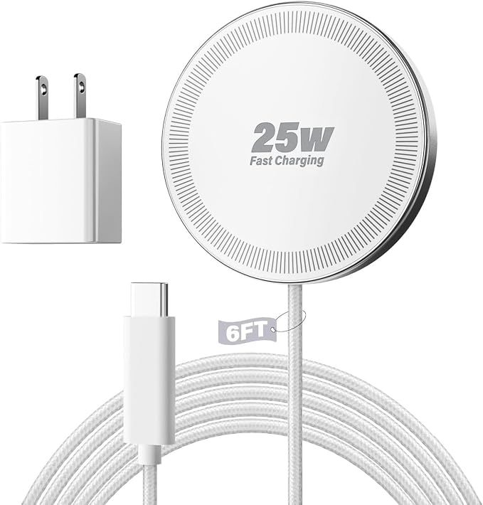 25W Magnetic Wireless Charger, 6FT Fast Charging Pad Wireless Charge for iPhone 17 16 /AirPods3/2/Pro/for Galaxy S26 Ultra/Pixel 10 Series, Portable Charger for Desk& Travel(1Pack,White)