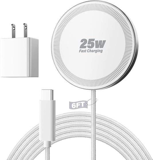 25W Magnetic Wireless Charger, 6FT Fast Charging Pad Wireless Charge for iPhone 17 16 /AirPods3/2/Pro/for Galaxy S26 Ultra/Pixel 10 Series, Portable Charger for Desk& Travel(1Pack,White)