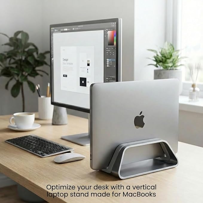 HumanCentric Vertical Laptop Stand Compatible with MacBook Pro and MacBook Air, Holder for Personal Computer Desk Stand, Aluminium, Exchangeable Inserts to Fit Different Device Models, Space Grey