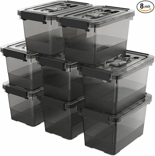 Black Plastic Storage Latch Bins, 8 Pack Clear Plastic Handle Box with Lids and Handle, Multi-Purpose, 4 Quart
