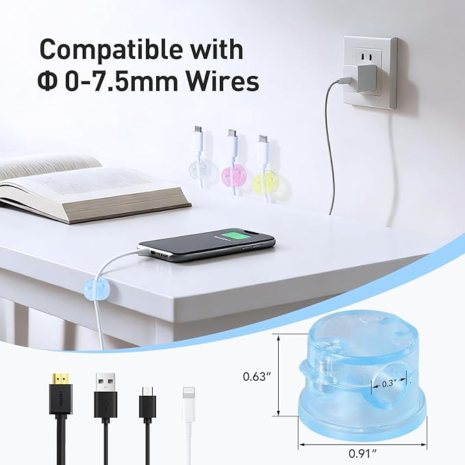 AGPTEK 8 Pack Magnetic Cable Clips, Upgraded 360° Rotatable Cord Holder Clips for Nightstand, Desk Cord Organizer Adhesive Wire Management Home Office Phone Charging Cords USB Cable Keeper (Colorful)