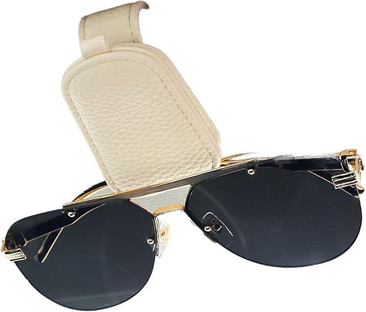 SINGARO Sunglasses Holder for Car, Leather Magnetic Buckle Sun Visor Sunglass Clip, Ticket Card Storage Glasses Clip, Car Interior Accessories for Men and Women（Beige）