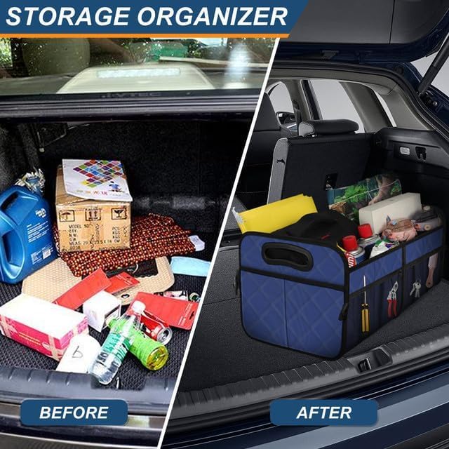 Deosk Collapsible Car Organizer with 6 Pockets, 50L Multi-Compartment Trunk Organizer, Accessories for Women/Men - Blue