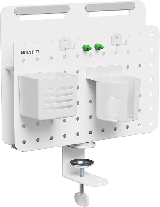 Mount-It! Desk Mounted Pegboard Organizer with 360° Rotation | Includes Cup Holder, Pen Holder, Hooks & Magnets | Clamp-on Desk Storage for Home Office, Workshop, Crafting Station (White)
