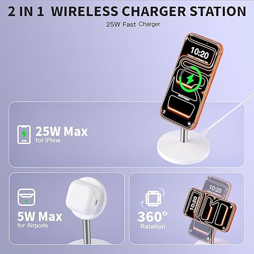 Magnetic Wireless Charging iPhone Stand,25W Fast Mag-Safe Charging Stand Station Pad 6 Foot Long Apple Magnet Wireless Charger with Plug for iPhone 17/17 Pro/Air/16/15/14/13/12 Series,AirPods Pro 3/4
