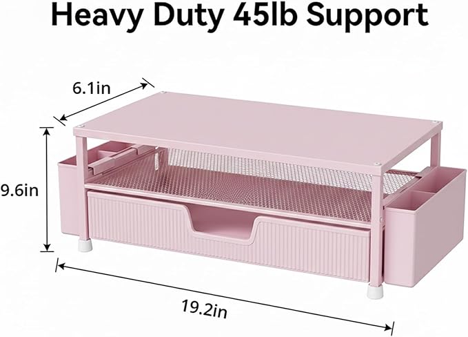 ECOLOVI Desk Organizer and Accessories, 2-Tier Computer Monitor Stand Rise with Storage Drawer & 2 Pen Holders, Laptop & Printer Stand for Desktop, Workspace Organizers for Office Supplies (Pink)