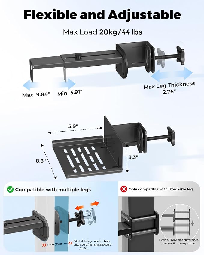 JOY worker Under Desk PC Mount for Standing Desk, Clamp-On Desk Leg Computer Mount, No Drilling, Adjustable Computer Case CPU Holder Holds Up to 44lbs, Black PC Tower Mount