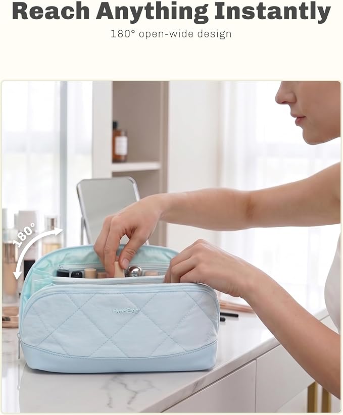 Hynes Eagle Travel Makeup Bag for Women Puffy Cosmetic Organizer Pouch Open Flat Toiletry Bag for Toiletries Brushes Structured Base Light Blue