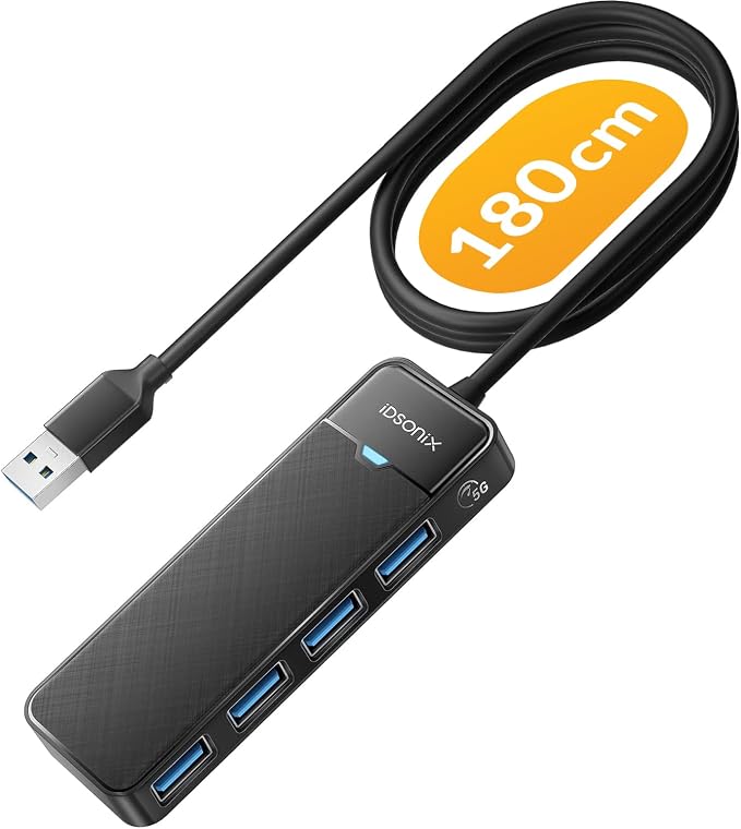 iDsonix USB Hub with 6ft Extension Cbale[Charging Not Supported], 4-Port USB 3.0 Splitter Ultra-Slim Extender for Desktop, Laptop, Xbox, Flash Drive, HDD, Console, Printer, PC, Keyboards, Mouse
