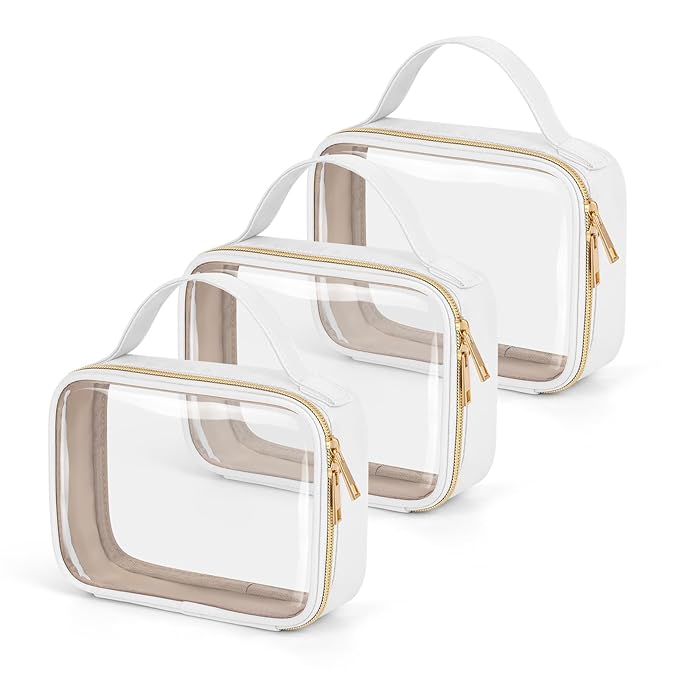 Wedama TSA Approved Toiletry Bag, 3 Pack Clear Makeup Bags with Handles, Quart Size PVC Clear Cosmetic Bags for Women and Men, Carry on Airport Airline Compliant Bag, White