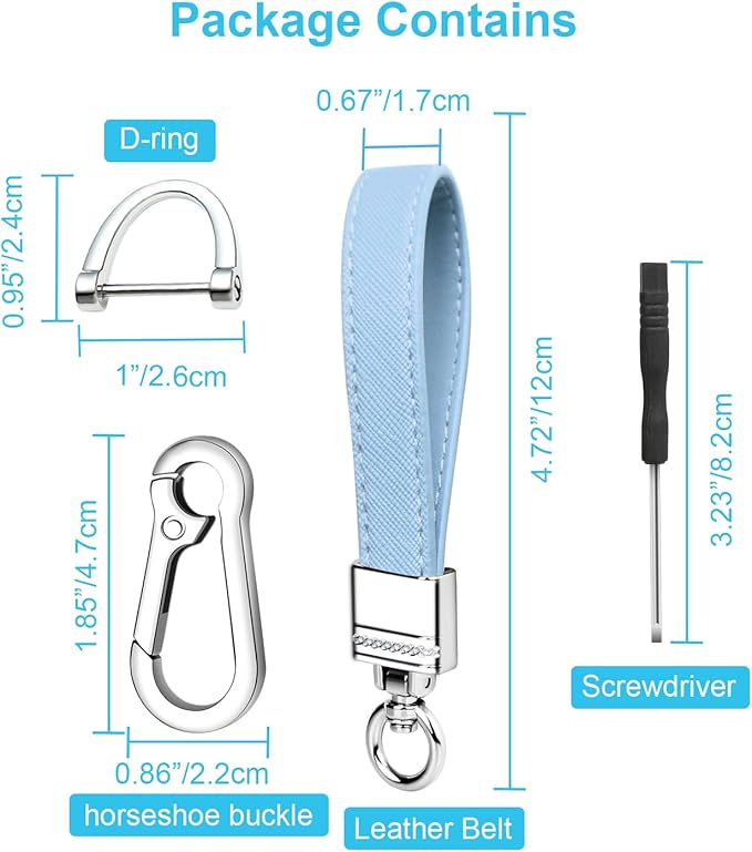 QBUC Genuine Leather Car Keychain,Universal Heavy Duty Metal Key Chain Accessories,Car Fob Key Keychain Holder with 360 Degree Rotatable Snap Swivel and Anti-Lost D-Ring for Men Women(Light Blue)