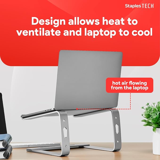 Staples TECH Adjustable Aluminum Laptop Stand ??Fits 11"??7" Laptops, Ergonomic Eye?‘Level Riser with Ventilated Cooling & Anti?‘Slip Base, Silver