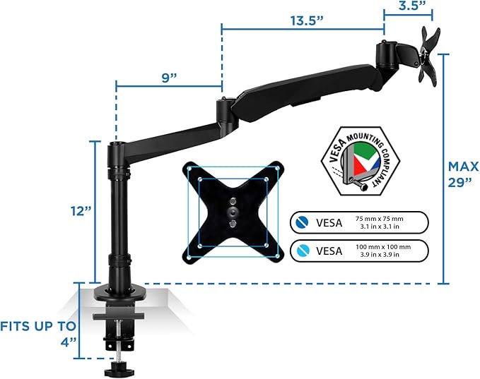 Mount-It! Premium Modular Monitor Desk Mount Arm Stand | Full Motion Gas Spring Arm Fits 19 21.5 24 27 32 Inch Computer Screens with 75 100 VESA Patterns | C-Clamp and Grommet Bases | Black