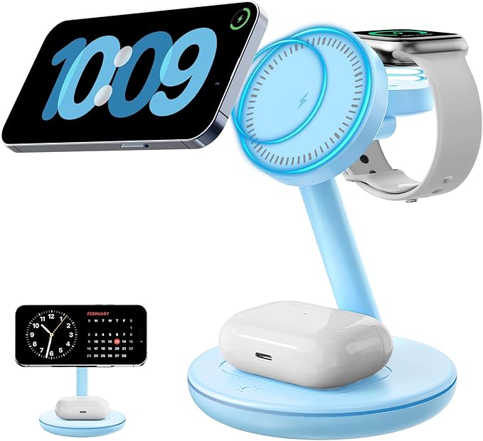 2026 3 in 1 Charging Station for Apple iPhone AirPods Watch with Mag-Safe Charger Wireless Charger Stand for iPhone 17 16 15 14 13 12 Series AirPods iWatch Series - Gifts for Wife & Husband(Blue)