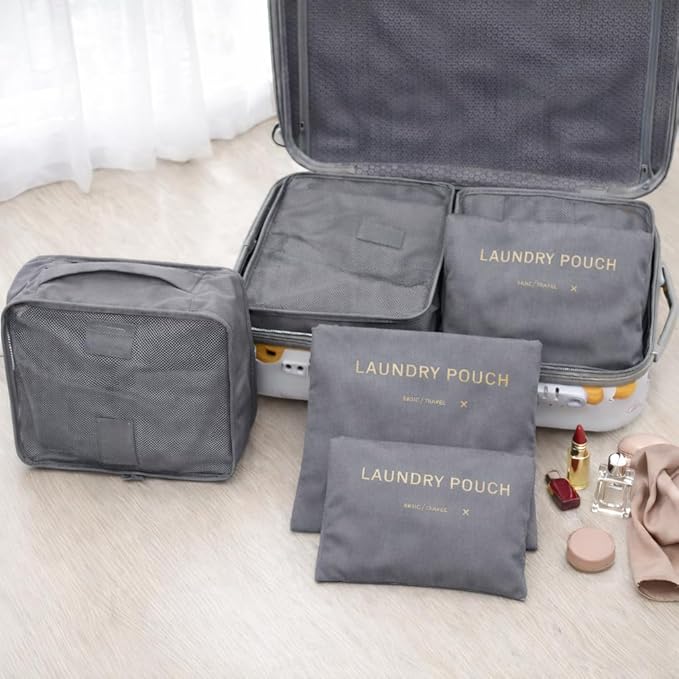6 Set Travel Packing Cubes for Luggage – Laundry Pouch Organizer Bags, Lightweight Storage Pouches for Clothes, Shoes, and Toiletries (grey)