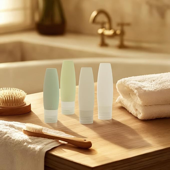 4 PCS Silicone Travel Bottles, 3oz Refillable Toiletries Containers Set, Small Empty Travel Size Bottles for Shampoo, Lotion, Shower Gel (Morandi)