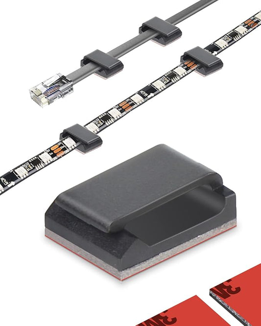 100 Pcs Cable Tidy Management Self Adhesive Flat Cable Clips for Led Light Strip and Flat Ethernet Cable Black