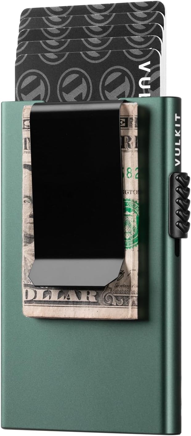VULKIT Minimalist Wallet with Money Clip RFID Protection Pop Up Card Holder Slim Wallet Credit Card Holder Metal Wallet, Midnight Green