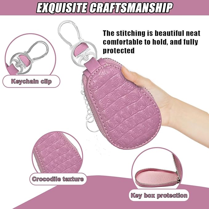 Leather Car Keychain Case Holder - Keyring Zipper Bag Auto Key Fob Cover Case with Metal Hook - Car Key Case Smart Key Fob Protector for Remote Key Fob (Pink)