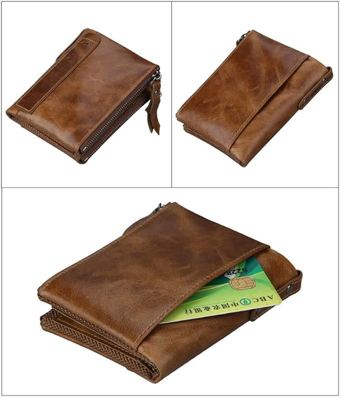 Men's Folding Double Zip Wallet RFID Blocks Retro Short Coin Purse