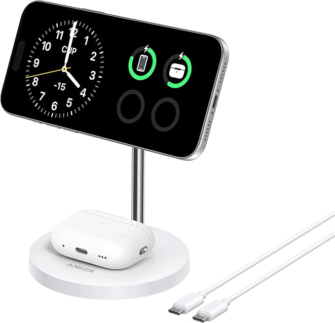 Anker MagSafe Compatible MagGo Charger Stand, iPhone 17 Wireless Charger, 2-in-1 Charging Station, Qi2 Certified 15W Fast Charging, for iPhone 17/16/15/14/13, AirPods Pro (White, with Cable)