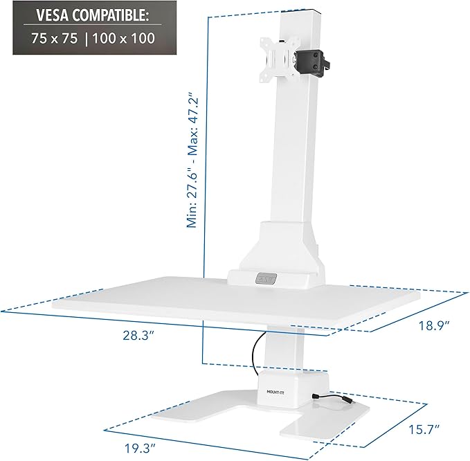 Mount-It! Electric Standing Desk Converter, Adjustable Tabletop Sit Stand Desk Riser with Single Monitor Mount for Monitors up to 32", Freestanding 28" Wide Platform Rises up to 20.75" White