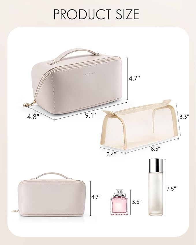 VLANDO Makeup Bag,Travel Toiletry Bag,Cosmetic Bag for Women PU Leather Portable Make up Bag for Skincare, Brushes & Travel Essentials-Off White