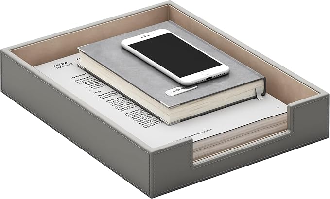 Leather Letter Tray, VOYUTHY Elegant Desk Organizer for Office Supplies, Mail, Paper, File, Magazine, Perfect Office Organization for Desktop (Grey)