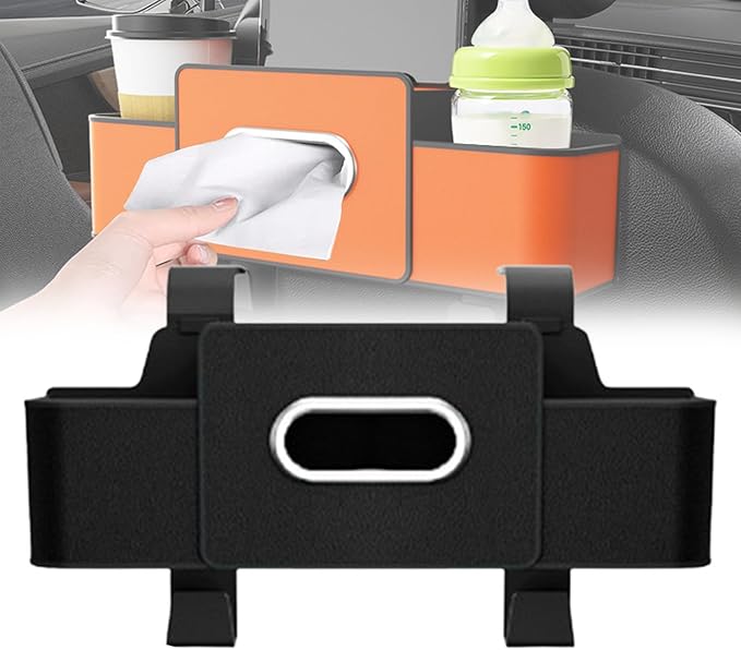 Car Organizer and Storage Box Back Seat, Car Organizer and Storage Box, 3-in-1 Car Seat Back Storage Box, with 2 Cup Holders, Tissue Box and Hooks, Smart Over-Seat CarOrganizer (1, Black)