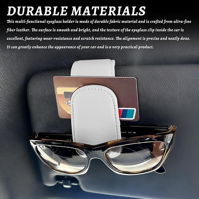 Sunglass Holder for Car, Car Sunglass Holder, Magnetic Leather Sunglasses Holder and Ticket Card Clip, Auto Multi-Functional Sun Visor Eyeglass Holders for SUV Pickup Truck (White)