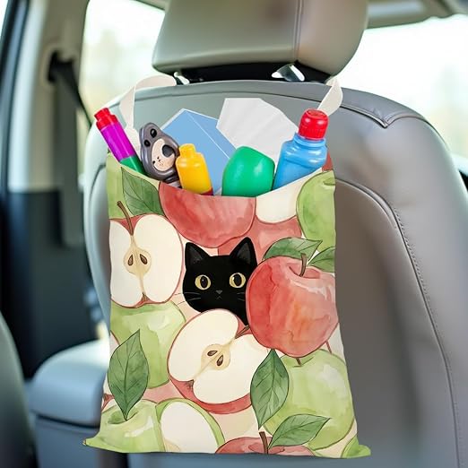 Black Cat Car Trash Bag, Apple Car Trash Bag Hanging, Apple Accessories, Summer Decor Waterproof Cars Back Seat Hanging Organizer Garbage Can for Vehicle Travelling Camping
