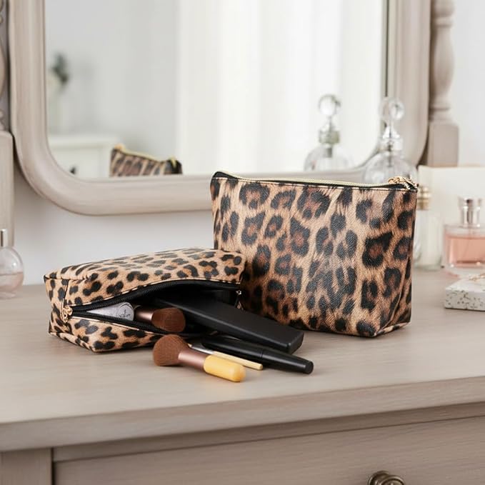 3 Pieces Leopard Print Leather Cosmetic Bags Set,Travel Toiletries Storage Case Portable Cheetah Makeup Organizer Pouch for Women Purse