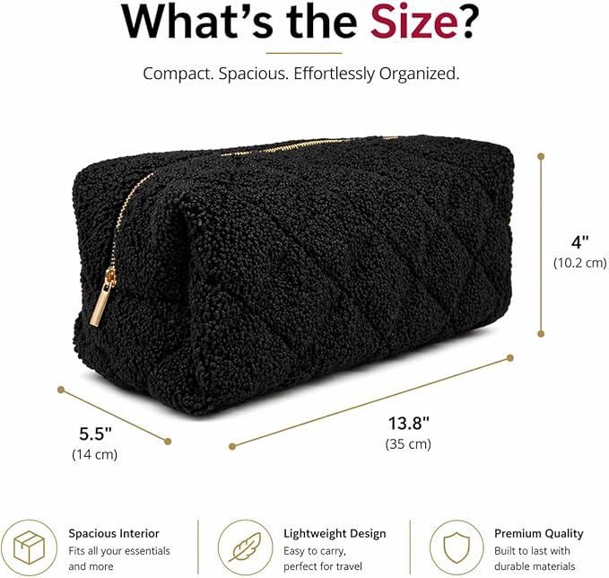 Plush Sherpa Hair Tool & Makeup Travel Bag for Skincare & Beauty Accessories (Black)