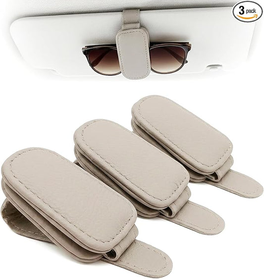 3 Pack Leather Magnetic Sunglass Holder for Car Visor, Premium Leather with Magnetic Clip, Universal for Different Size Glasses, Ideal for Jeep and Other Vehicles, Car Accessories (Grey)