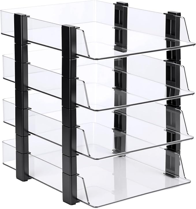 SiliFine 4 Tier Clear Stackable Desk Organizer 12.68 x 10.47 x 12.91 Inch Plastic Letter File Trays Rectangular Paper Storage Holder for Office Desktop Document Classroom Hospital(Black)