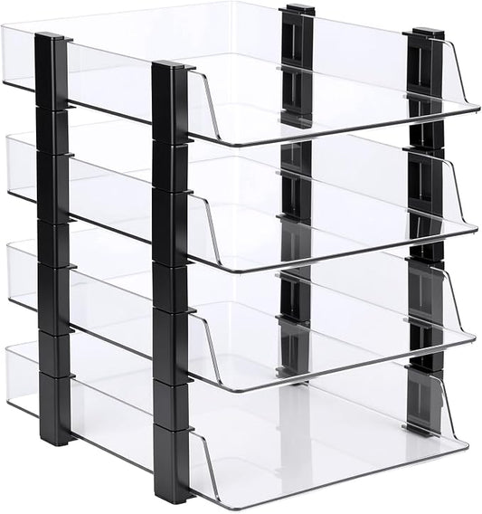 SiliFine 4 Tier Clear Stackable Desk Organizer 12.68 x 10.47 x 12.91 Inch Plastic Letter File Trays Rectangular Paper Storage Holder for Office Desktop Document Classroom Hospital(Black)