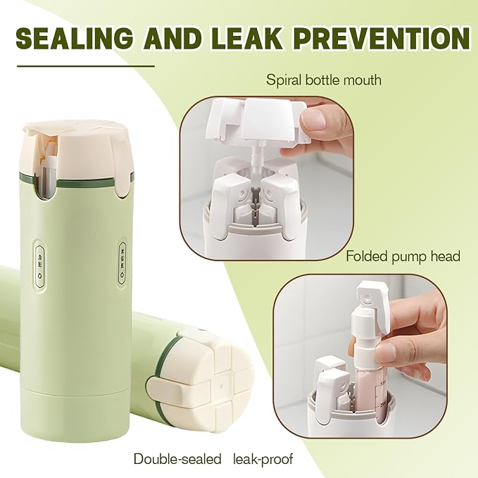 4 in 1 Travel Dispenser, 4 Pack 30ML Travel Bottles with Measurement Scale & Label Stickers for Toiletries, Leak Proof Dispenser Bottle Containers for Shampoo Lotion Conditioner Cream (Green+White)