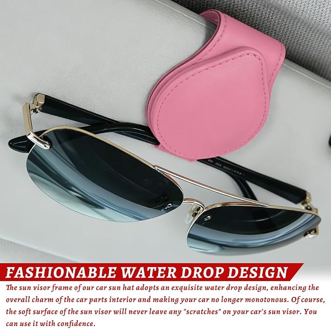 Sunglasses Holders for Car Visor, PU Leather Car Organizer, Magnetic Glasses Holder and Ticket Card Clip, Multi-Functional Auto Sun Visor Eyeglass Holder for Most Vehicles (Pink)