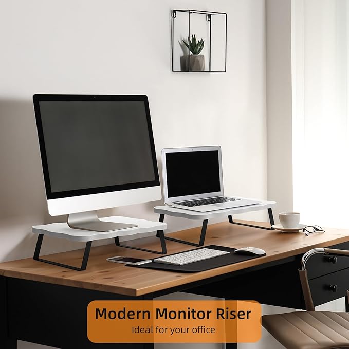 Monitor Stand Riser, Wooden Computer Stand for Desk, Wood and Steel Multi-Purpose Desktop Storage Laptop Riser Desk Shelf for Computer, Laptop, PC, Printer, 21.65 x 9.45 x 3.94 Inch Length (White/2 Pcs)