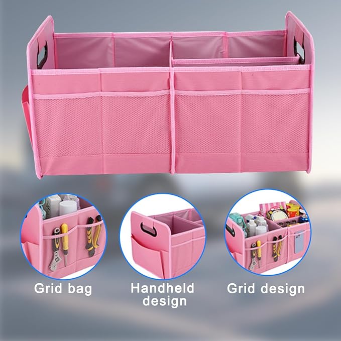 Mandark Car Trunk Organizer, Collapsible Automotive Trunk Storage Organizer with Multiple Compartments, Vehicle Interior Container Box Accessories, Universal for RV, SUV, Truck (Pink)