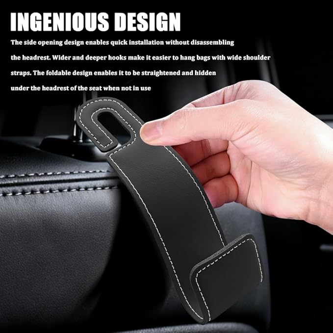 2PCS Car Seat Headrest Hooks, Purse Hook for Car, Automotive Headrest Handbags Holder, Auto Accessories Leather Seatback Organizer Hanger for Hanging Purses Bags Coats (Black, 2PCS)