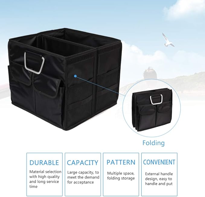 Car Trunk Organizer Collapsible Portable Multi Compartments Organizer with Non Slip Straps for SUV Truck Auto Vehicle Car Auto Minivan (Small without cover, Black)