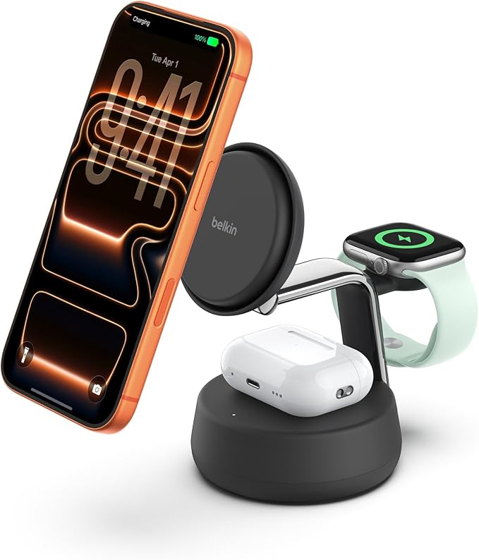Belkin MagSafe Charger Compatible, 3-in-1 Charging Station, Qi2.2 25W w/Cooling Fan (On/Off Control) Magnetic Wireless Charger for iPhone 17, Apple Watch, AirPods, Pixel 10 (45W Adapter Included)