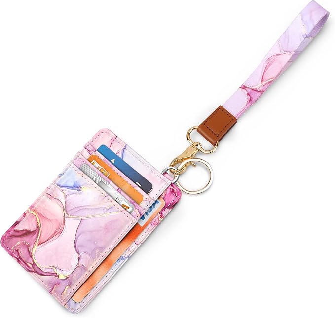 Coco Rossi Slim Front Pocket Wallet RFID ID Card Holder Cute Small Wallet with Wrist Lanyards Key Chain Holder for Women,Pink Marble