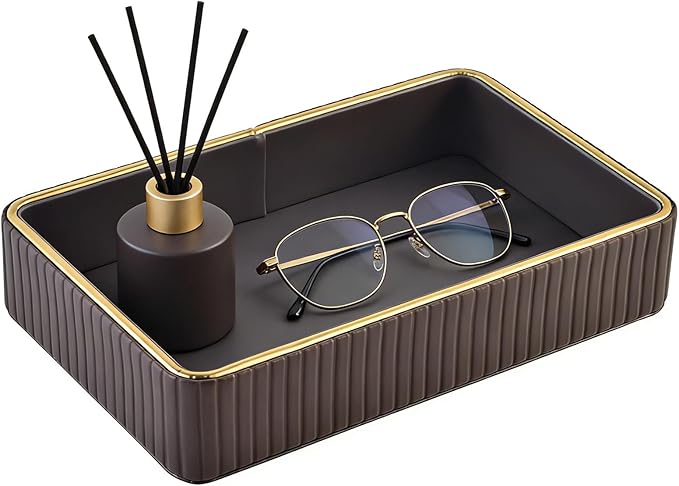PU Leather Valet Tray,Desk Organizer Tray Nightstand Organizer Trinket Dish Storage Key Bowl Decorative Trays for Phone Wallet Jewelry Watch,Bathroom Bedroom Perfume Vanity Trays,Grey