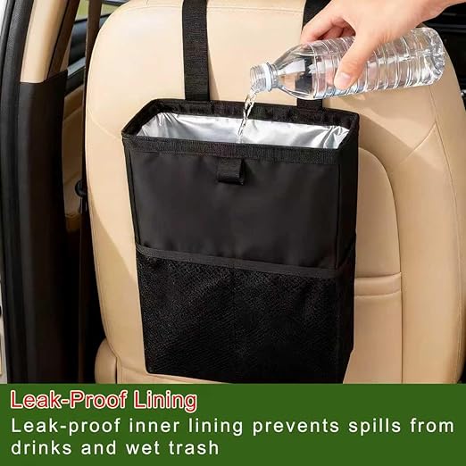 Car Trash Can, 3.4 Gallons Leak-Proof Hanging Trash Bin with Hook and Loop Lid and Handle, Multipurpose Car Organizer with Storage Pockets for SUV, Truck, RV and Camping
