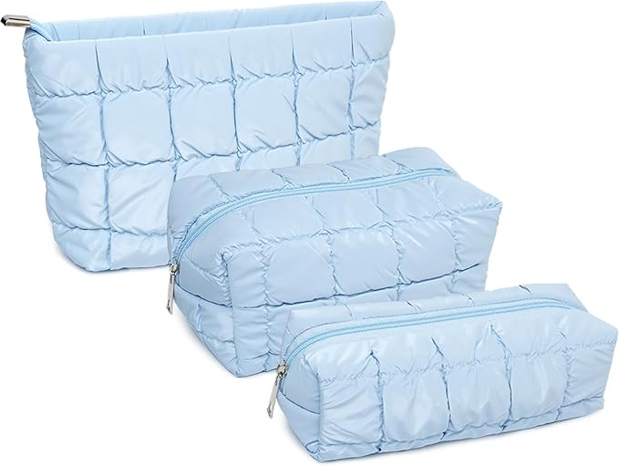 3Pcs Puffer Quilted Makeup Bag Travel Cosmetic Bag Set Portable Puffy Checkered Toiletry Pouch Skincare Organizer Purse Pencil Case (Blue)